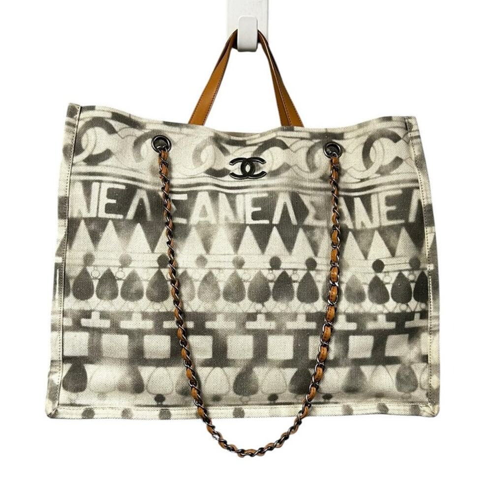 Chanel Cream Gray Canvas Iliad Chain Leather Strap Shopping Tote Bag